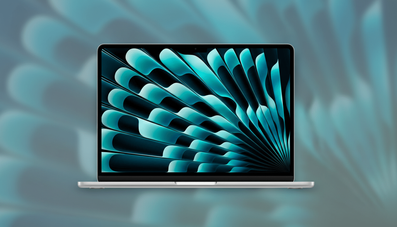 A silver laptop with a teal and black abstract pattern on the screen, set against a soft, blurred teal background with a subtle abstract pattern.