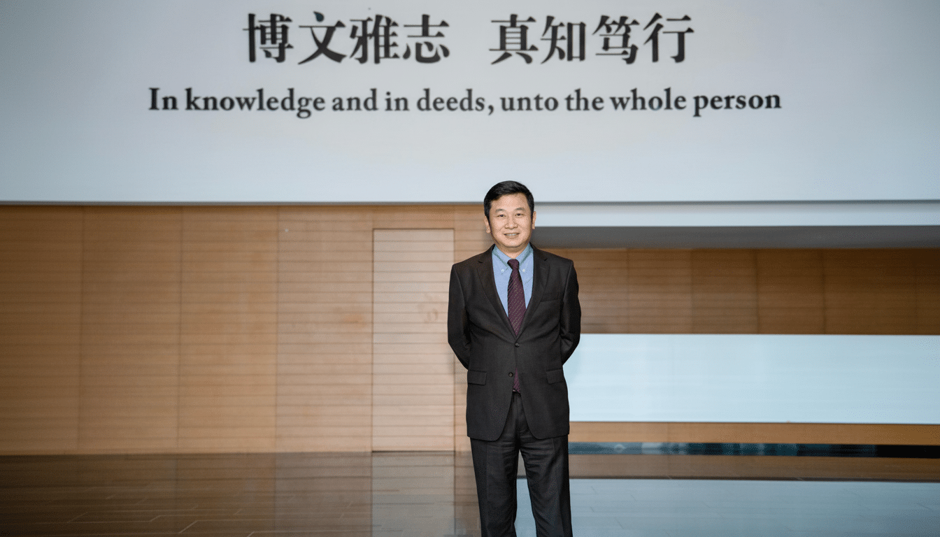A man in a suit standing in front of a wall with Chinese characters and English text .