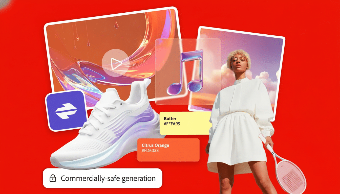 A professional visual showcasing a white athletic shoe , a tennis player in a white outfit holding a racket, and various graphic elements including a music note icon , a video play icon, and color sw atches on a vibrant red background .