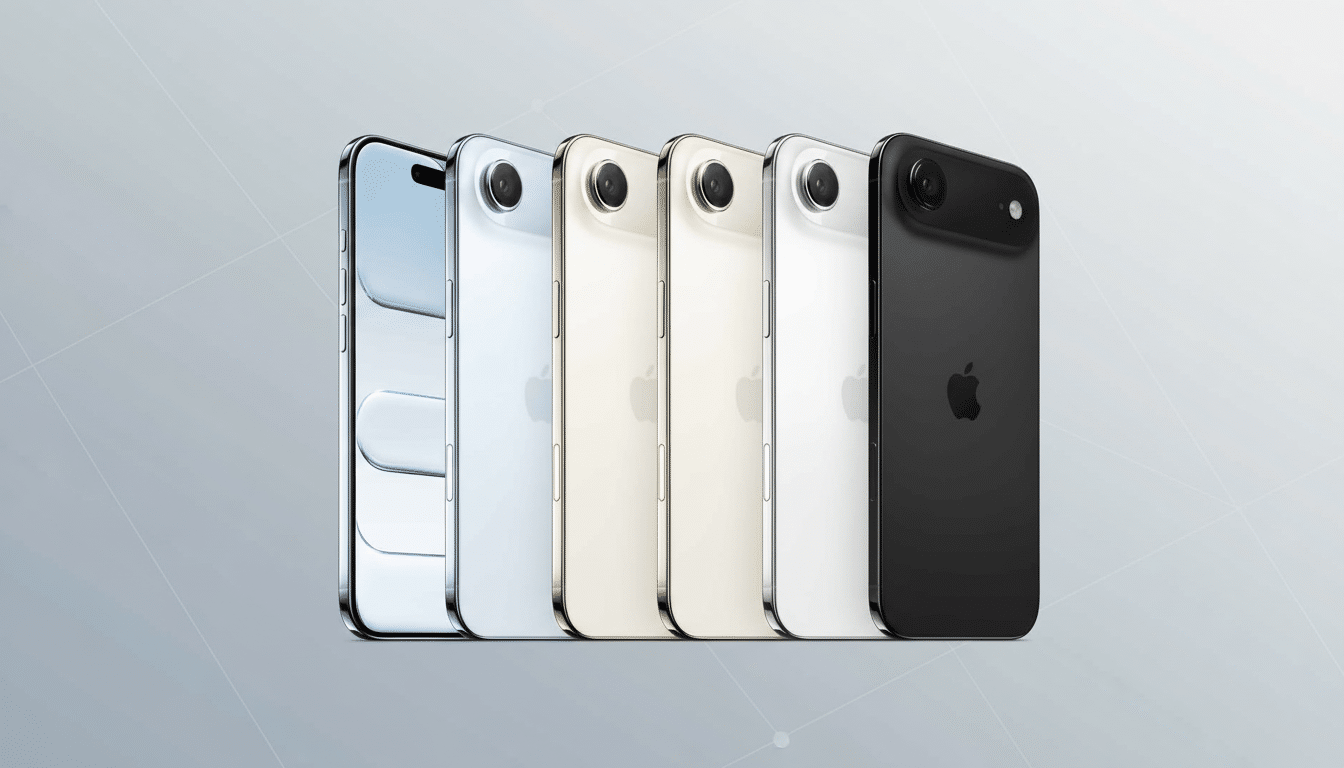 A professional shot of five smartphones in different colors ( blue, silver, gold, white, and black) lined up diagonally against a soft, light gray gra