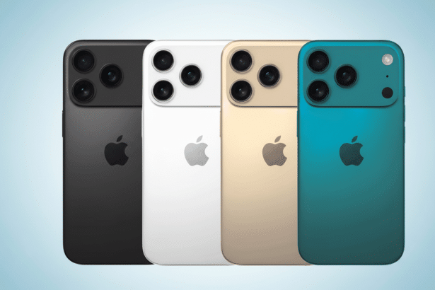 Four smartphones in black, white, gold, and teal, arranged in a row with a subtle light blue gradient background, showcasing their rear design with tr