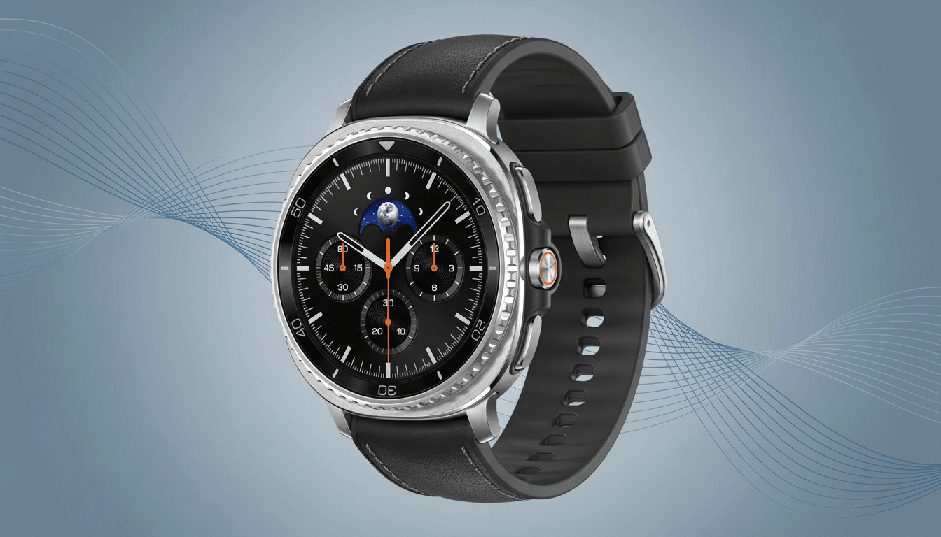 A professional shot of a black smartwatch with a silver casing and a leather - textured band, presented on a subtle grey- blue gradient background wit