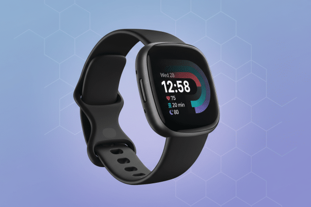 A black smartwatch with a digital display showing time, date , and fitness metrics, presented against a professional flat design background with soft blue and purple gradients and a subtle hexagonal pattern.