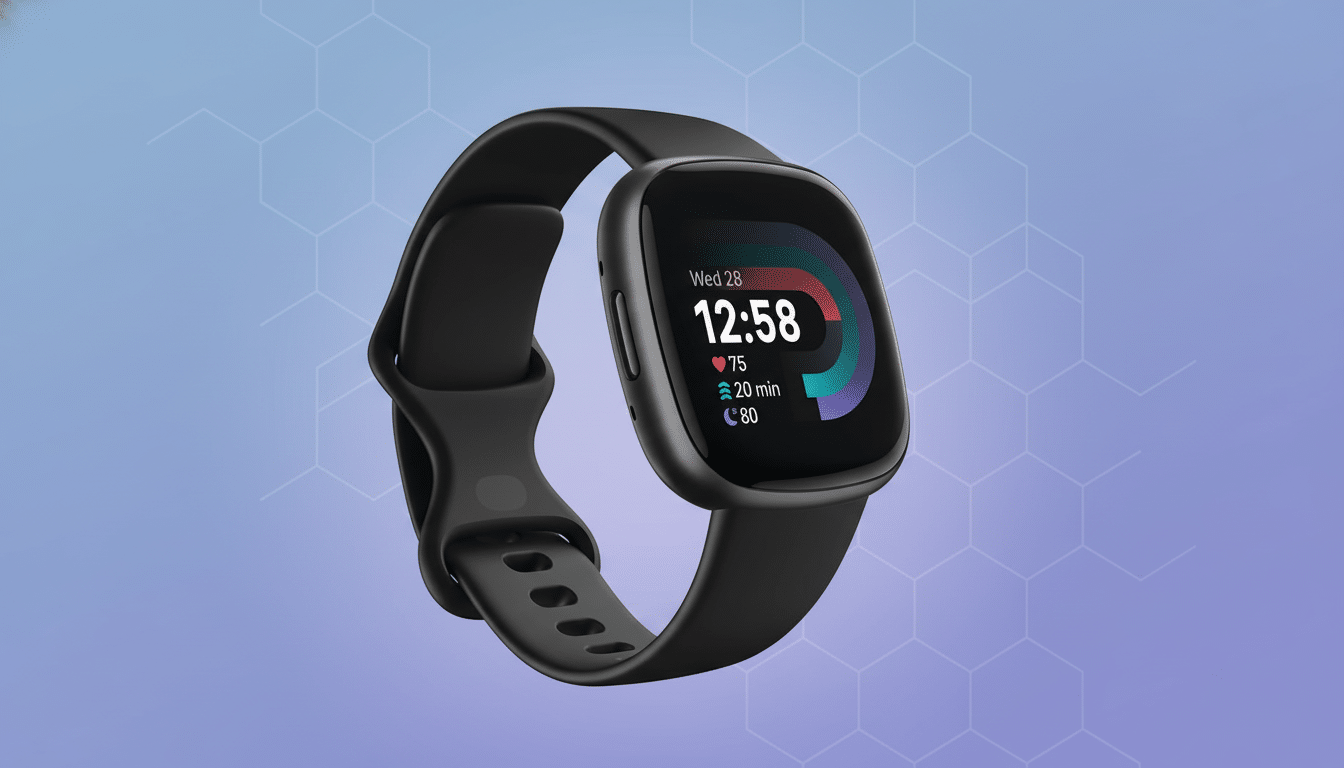 A black smartwatch with a digital display showing time, date , and fitness metrics, presented against a professional flat design background with soft blue and purple gradients and a subtle hexagonal pattern.