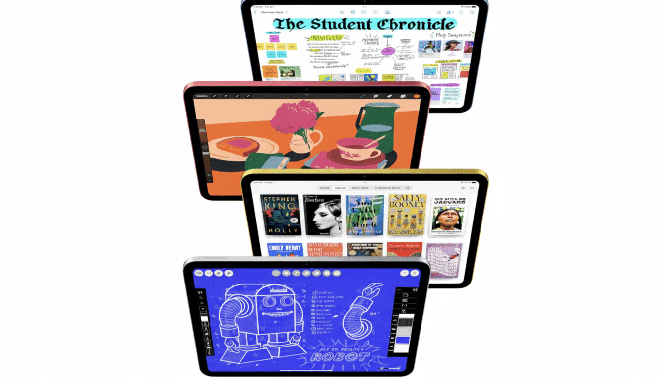 Four colorful tablets , each displaying different content. The top tablet shows a newspaper layout , the second from top a still life, the third a book store interface , and the bottom one a blueprint of a robot. They are professionally arranged on a clean background. Filename : professional table tsdisplay ing content.png