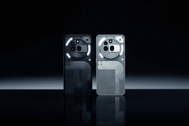 A professional shot of two translucent smartphones, one dark gray and one light gray, featuring glowing light-up elements around their camera modules . They are displayed against a minimalist dark background with subtle reflections. Filename : professional trans lucentsmartphones .png