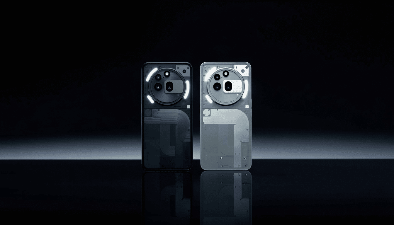 A professional shot of two translucent smartphones, one dark gray and one light gray, featuring glowing light-up elements around their camera modules . They are displayed against a minimalist dark background with subtle reflections. Filename : professional trans lucentsmartphones .png