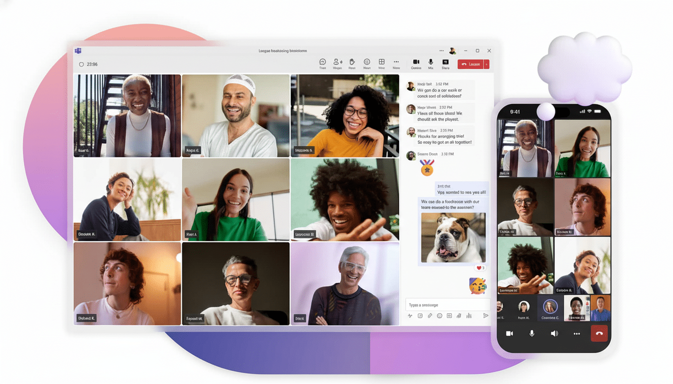 A professional enhancement of the original image , preserving the full video call interfaces on a desktop and mobile device. The background has been slightly extended to fit a 16 :9 aspect ratio , maintaining its original abstract , soft gradient design .