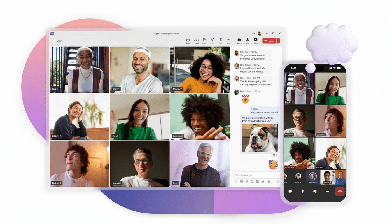 A professional enhancement of the original image, resized to a 1 6: 9 aspect ratio. The image features a laptop screen displaying a video conference w