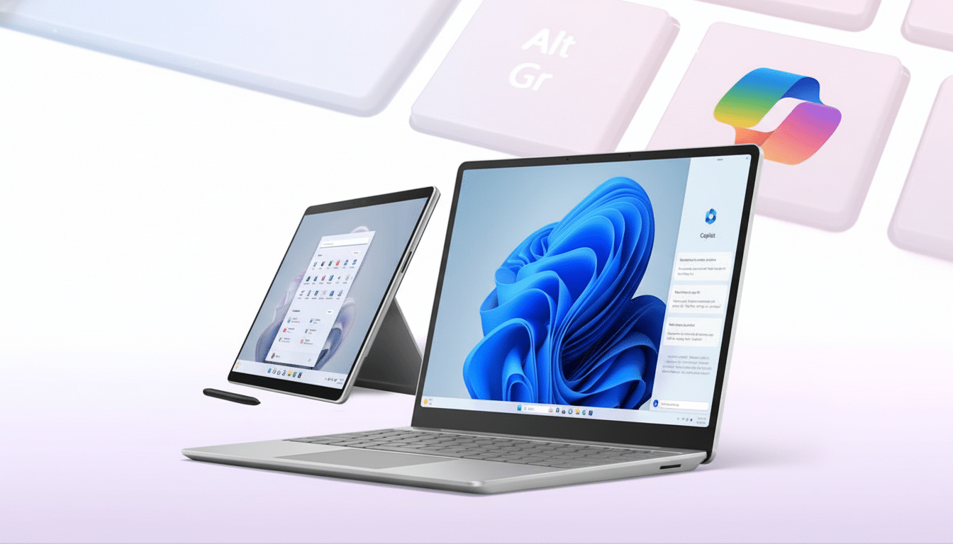 A professional image of a silver laptop and a tablet , both displaying Windows interfaces , set against a blurred background of large keyboard keys and an app icon.