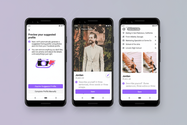 Three smartphone screens displaying a Preview your suggested profile interface, showing profile creation steps and a profile preview with a man named Jordan. Filename : profile previewinterface .png