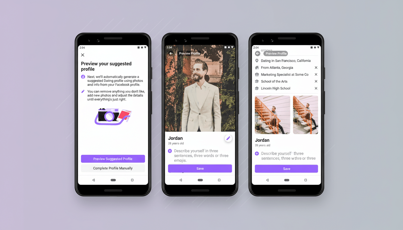 Three smartphone screens displaying a Preview your suggested profile interface, showing profile creation steps and a profile preview with a man named Jordan. Filename : profile previewinterface .png