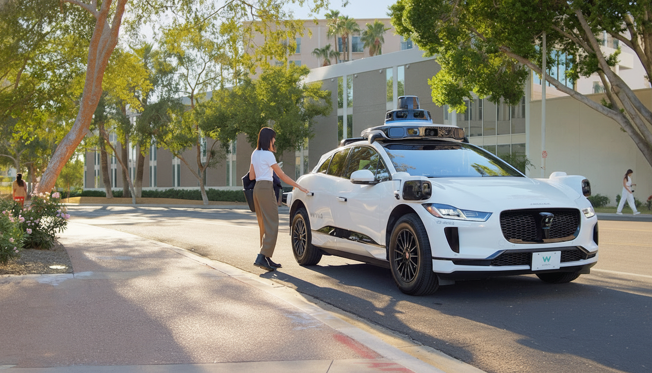 A woman opening the door of a white Waymo self-driving car parked on the side of a tree-lined street.