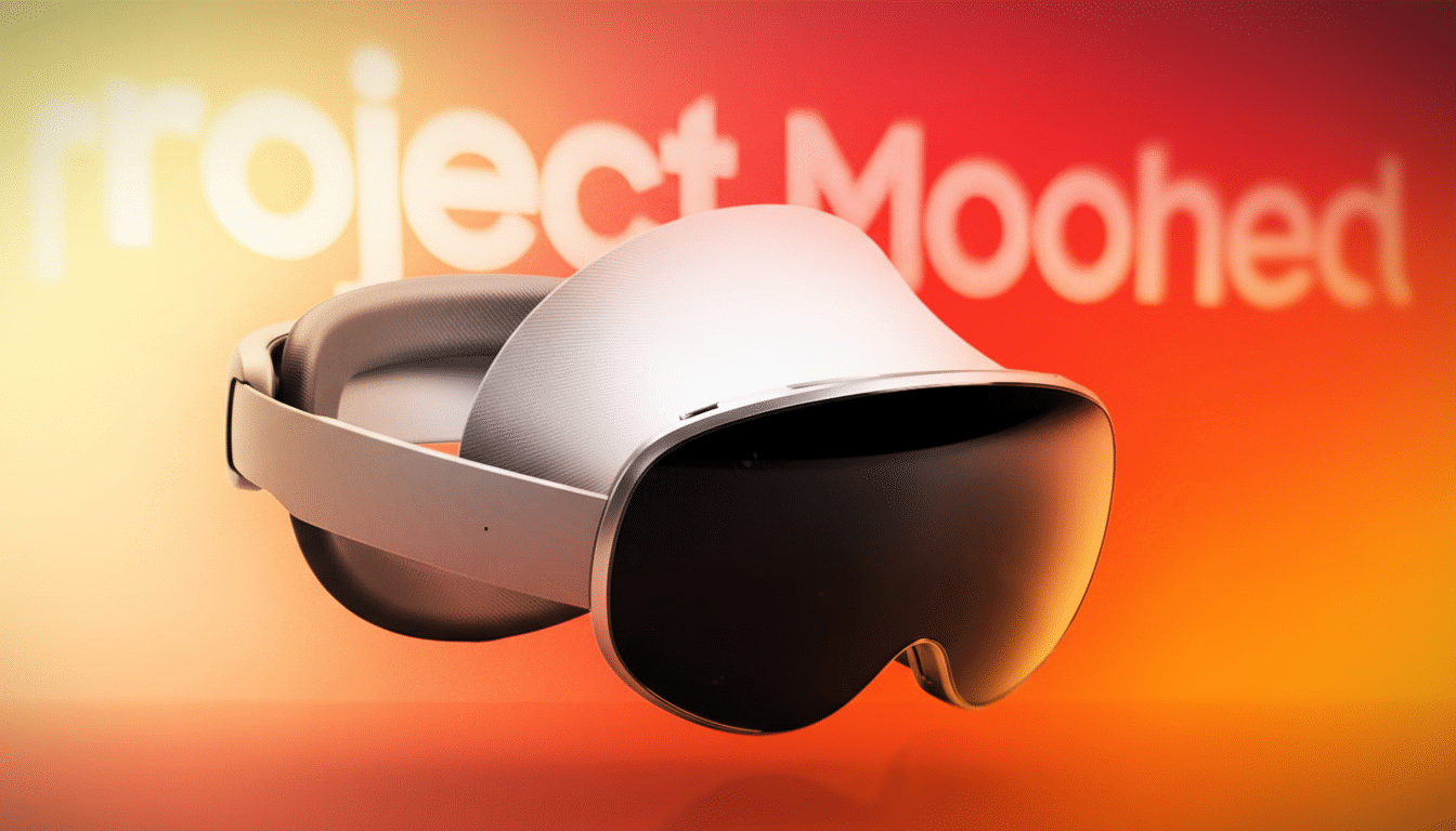 A white and black virtual reality headset, labeled Project Moo hed , presented against a vibrant gradient background of red , orange, and yellow .