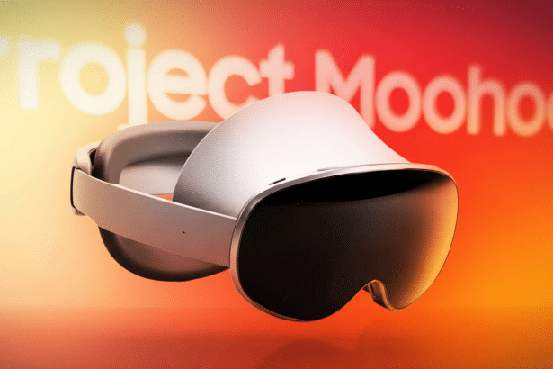 A white and black virtual reality headset, labeled Project Moohoc , set against a gradient background of orange, red, and yellow .