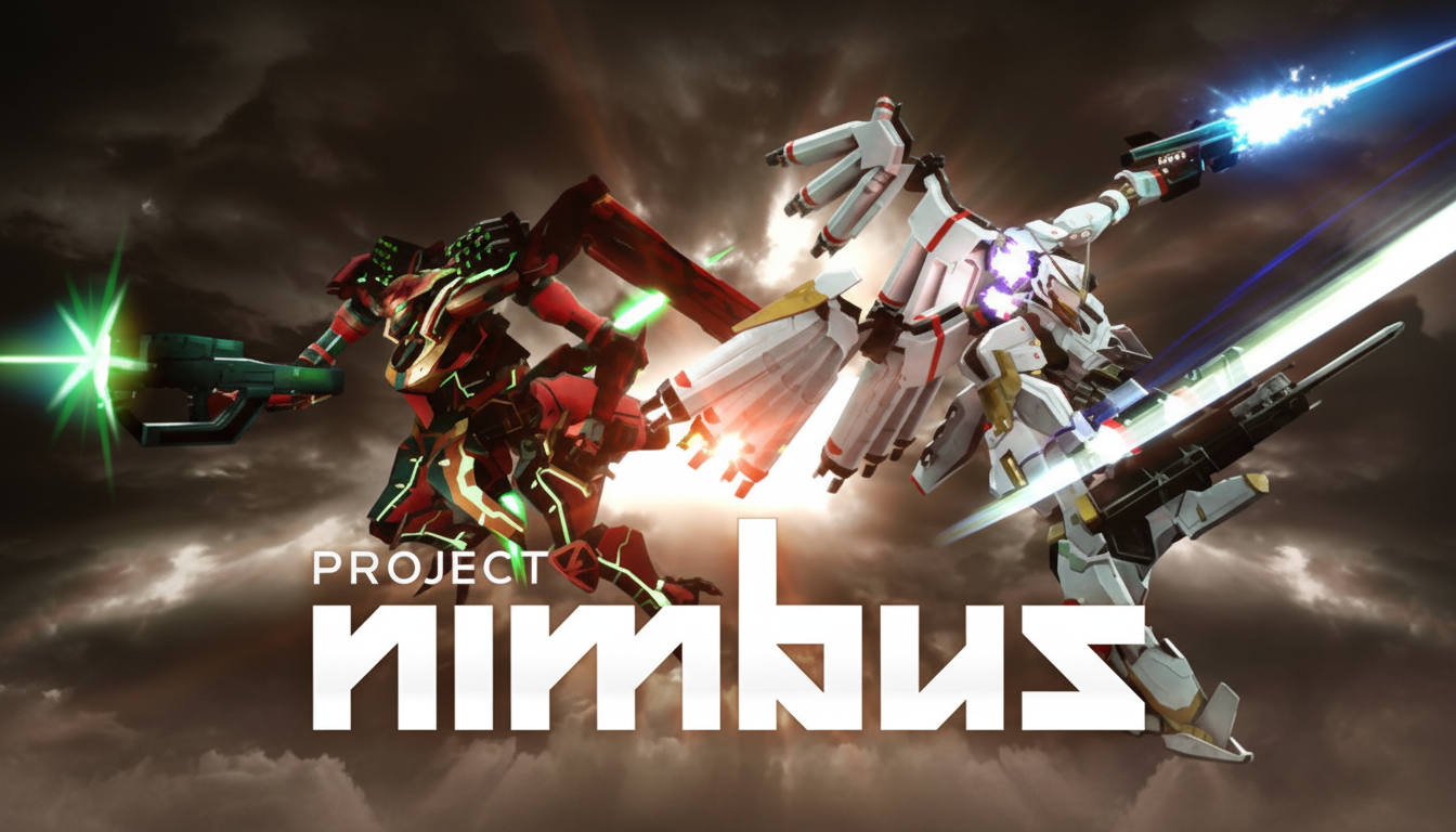 The Project Nimbus logo is centered between two fighting mechs, one red and one white, against a cloudy, dramatic sky.