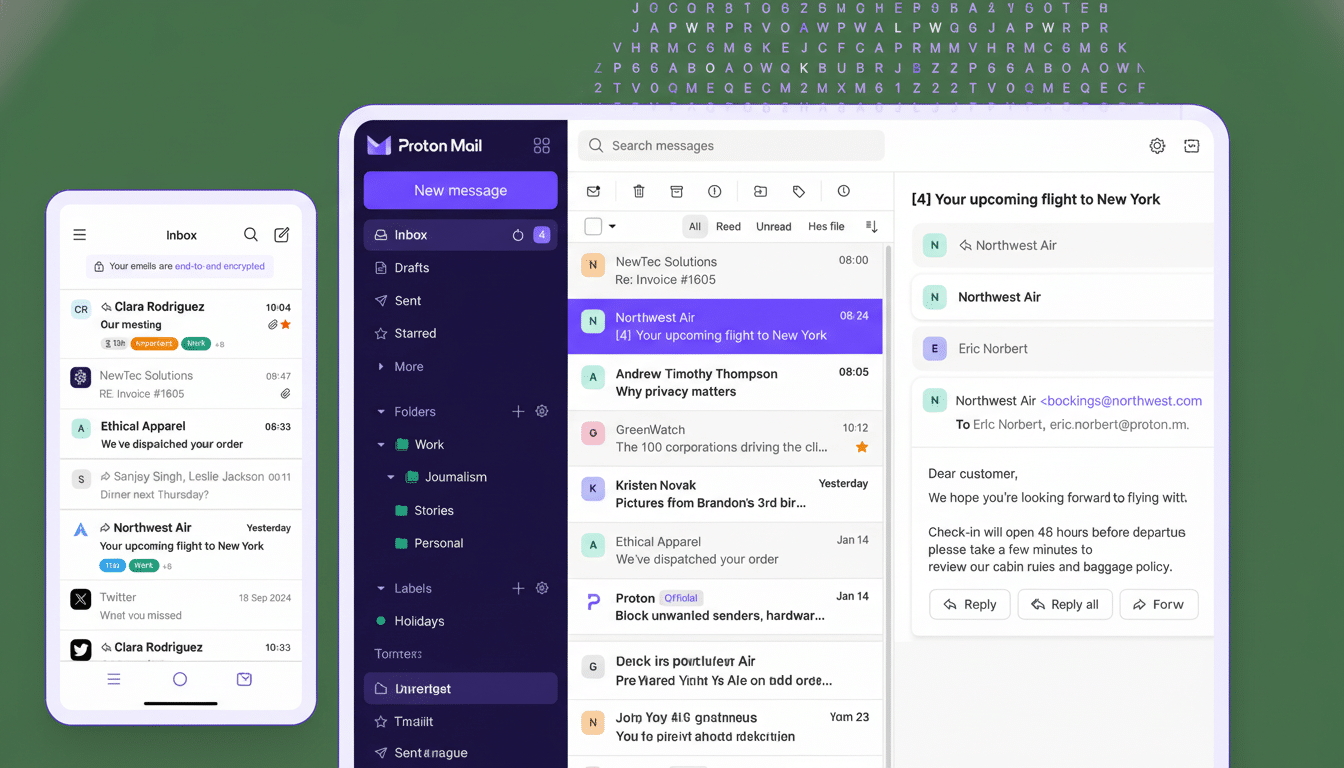 A professional 16: 9 aspect ratio image of a Proton Mail desktop application interface and a mobile email application interface. The desktop app shows