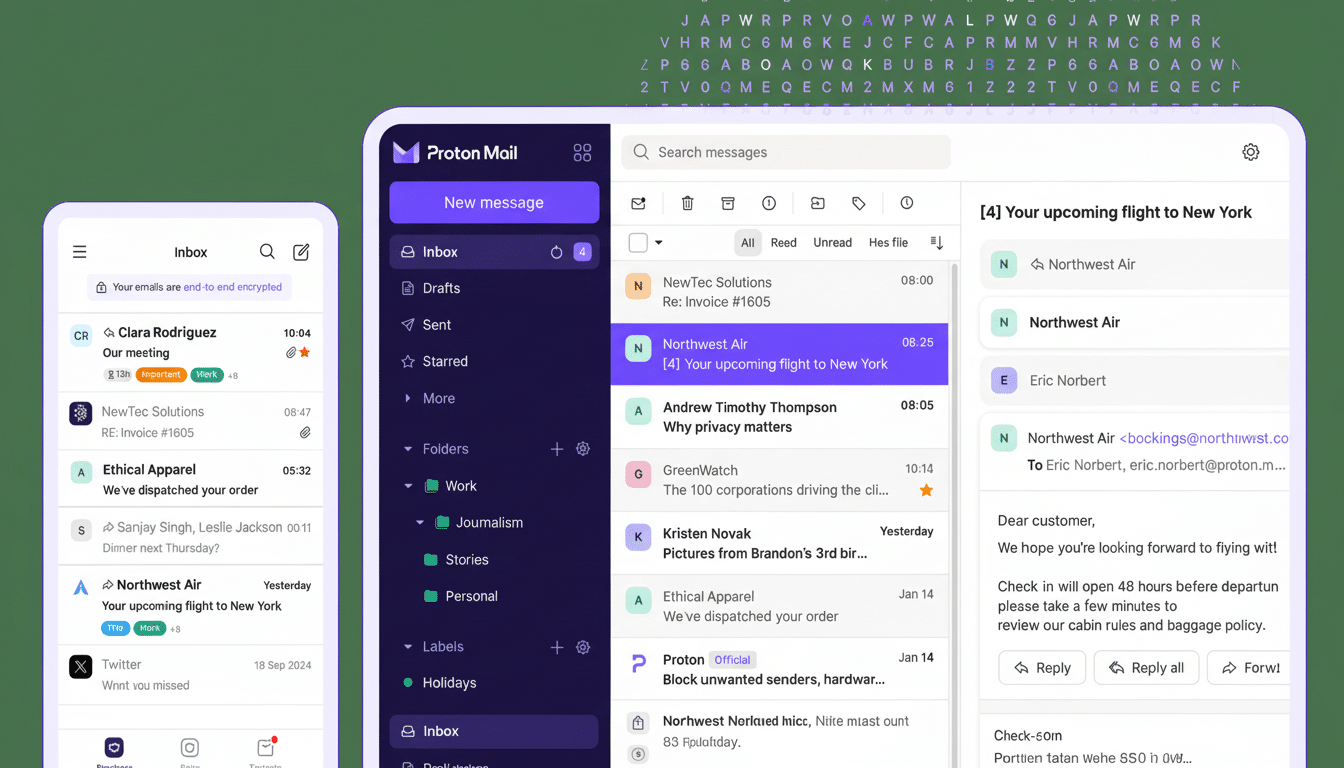 Proton Mail desktop and mobile interfaces are displayed on a white background with a subtle geometric pattern. The desktop interface on the right show