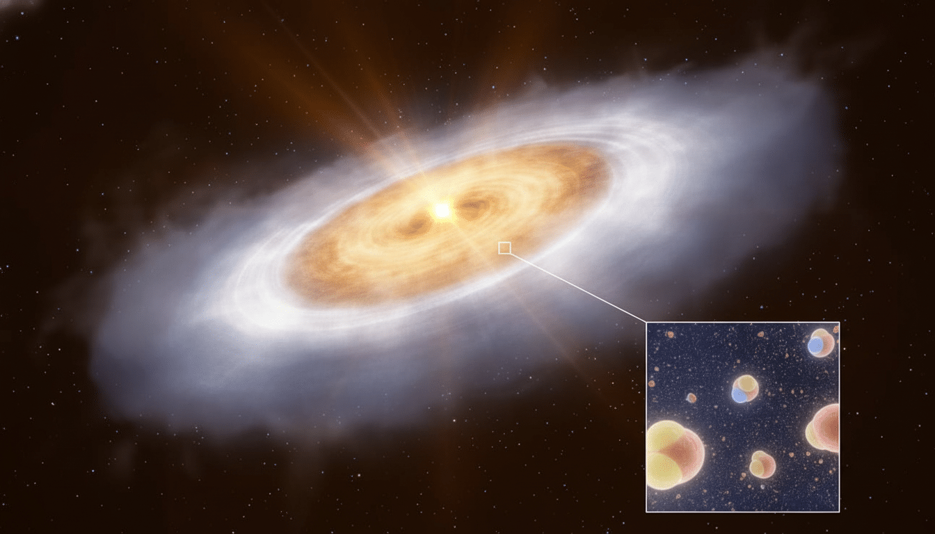 An artist 's impression of a protoplan etary disk with a close -up inset showing chond rules, millimeter -sized celestial bodies that are major components of meteorites.