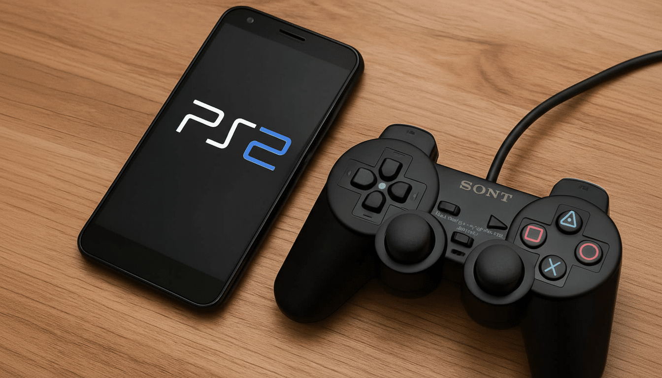 A black smartphone displaying the PS 2 logo next to a black Sony PlayStation 2 controller on a wooden surface .