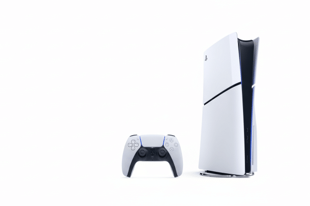 A white PlayStation 5 console stands upright next to a white DualSense controller, both featuring black accents and subtle blue lighting, against a clean white background.