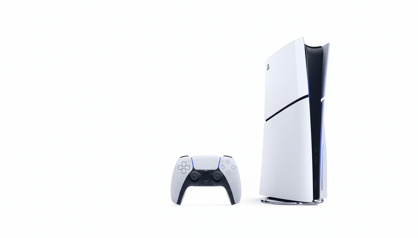 A white PlayStation 5 console stands upright next to a white DualSense controller, both featuring black accents and subtle blue lighting, against a clean white background.