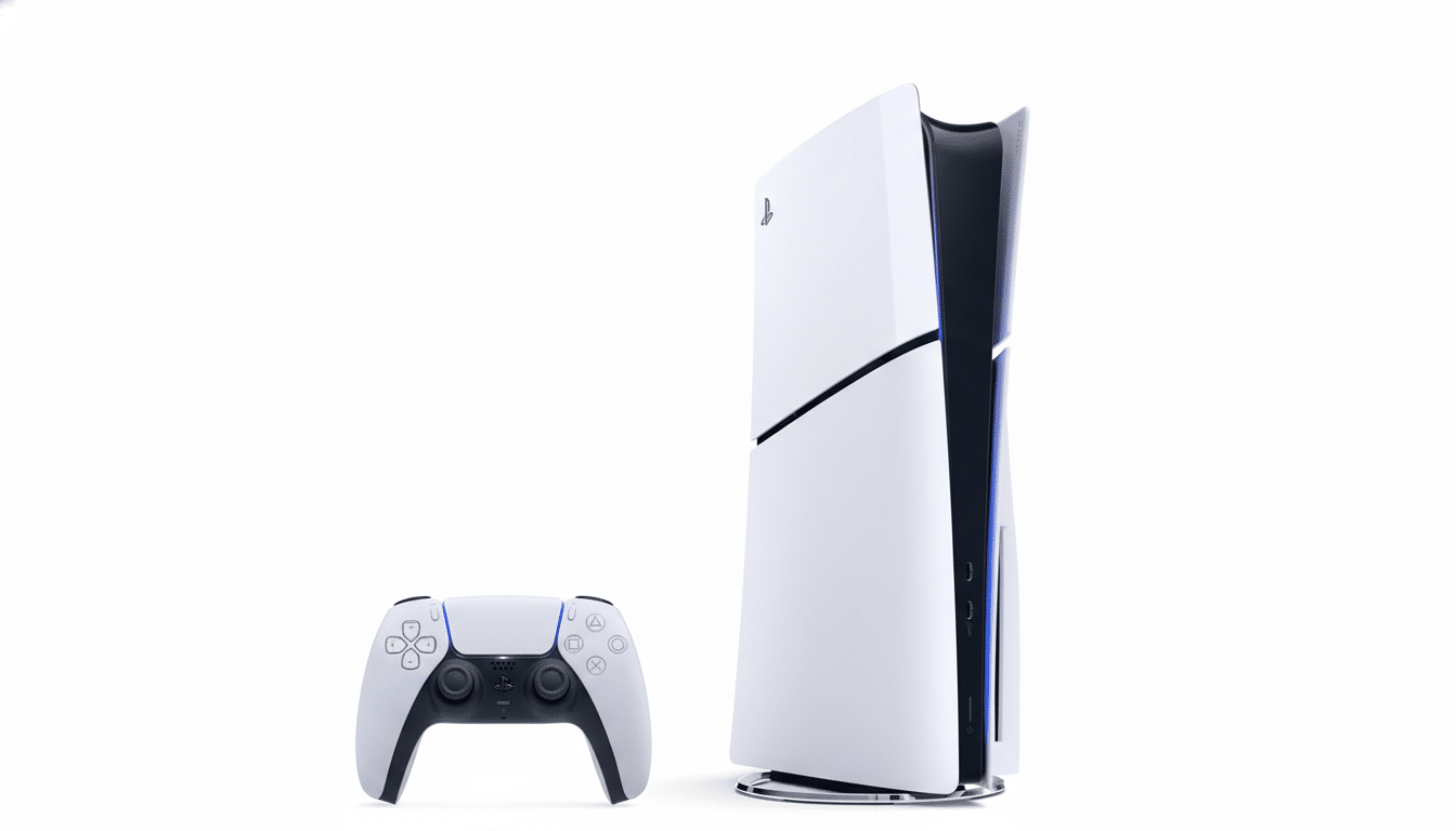 A white PlayStation 5 console and a DualSense controller positioned on a clean white background , presented in a 16:9 aspect ratio.
