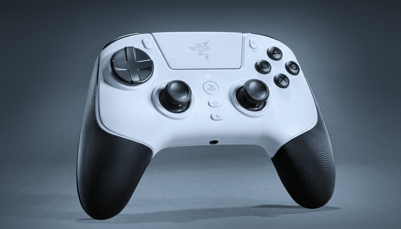 A professional , enhanced image of a white and black Razer gaming controller on a subtle gray background.