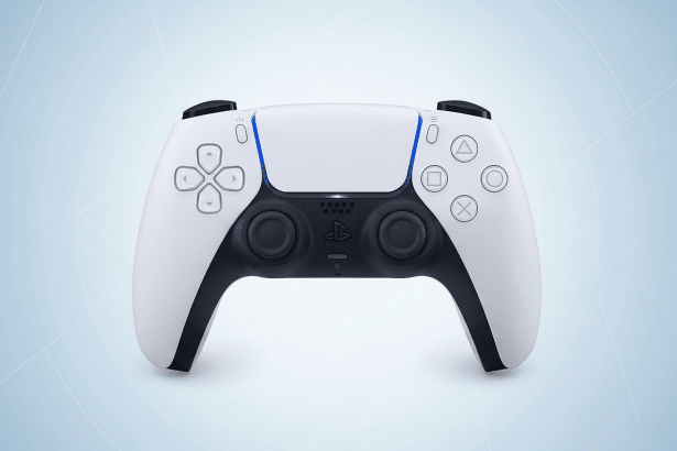A white PlayStation 5 DualSense controller with black accents and a blue light bar , presented on a light blue gradient background with subtle geometric patterns. Filename : ps 5du alsensecontroller enhanced .png