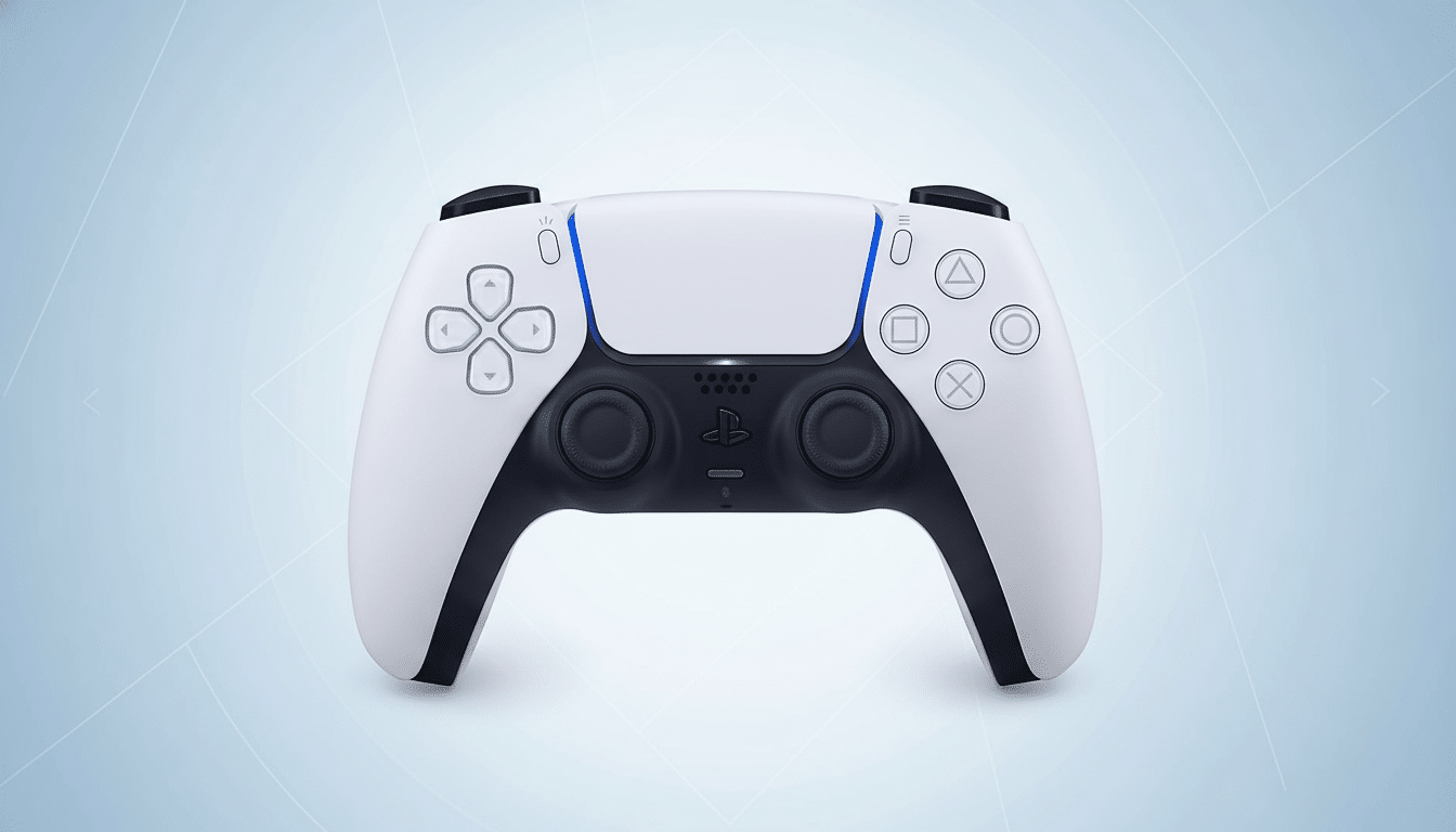 A white PlayStation 5 DualSense controller with black accents and a blue light bar , presented on a light blue gradient background with subtle geometric patterns. Filename : ps 5du alsensecontroller enhanced .png