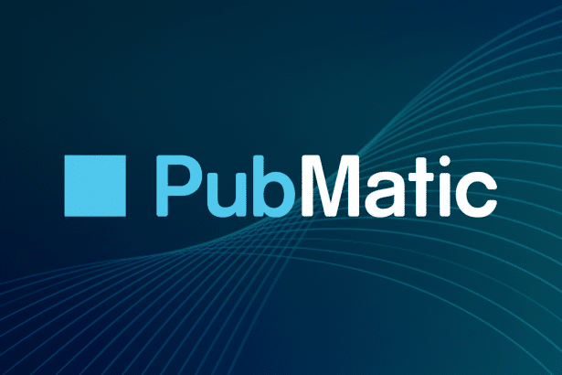 Pub Matic logo in white and blue against a dark blue background with subtle wavy lines. Filename : pubmatic logo16 9.png