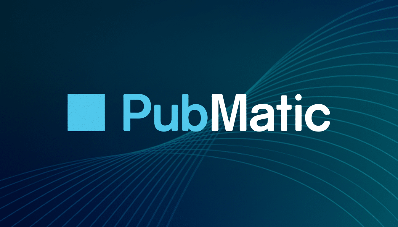 Pub Matic logo in white and blue against a dark blue background with subtle wavy lines. Filename : pubmatic logo16 9.png