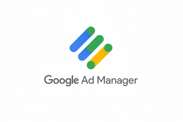 The Google Ad Manager logo, featuring three diagonal, parallel lines in blue, green, and yellow, each with a small green circle, above the text Google