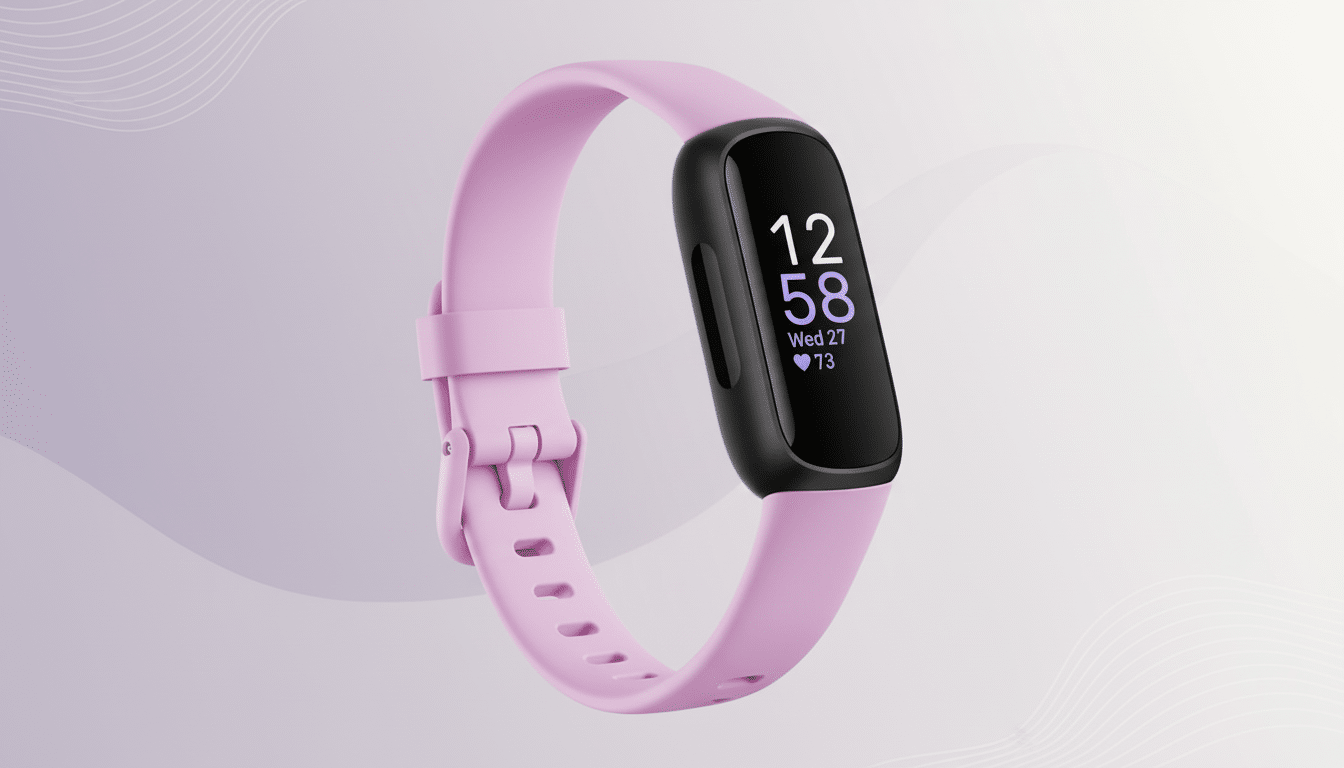 A purple fitness tracker with a black screen displaying 12 5 8, Wed 27, and a heart icon with 73 on a clean , professional grey background with subtle wave patterns.