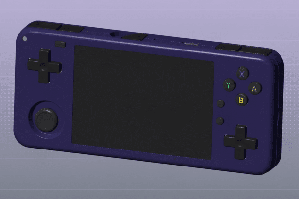 A purple handheld gaming console with black buttons and a blank screen, presented against a soft gradient background. Filename : purplegaming console.png