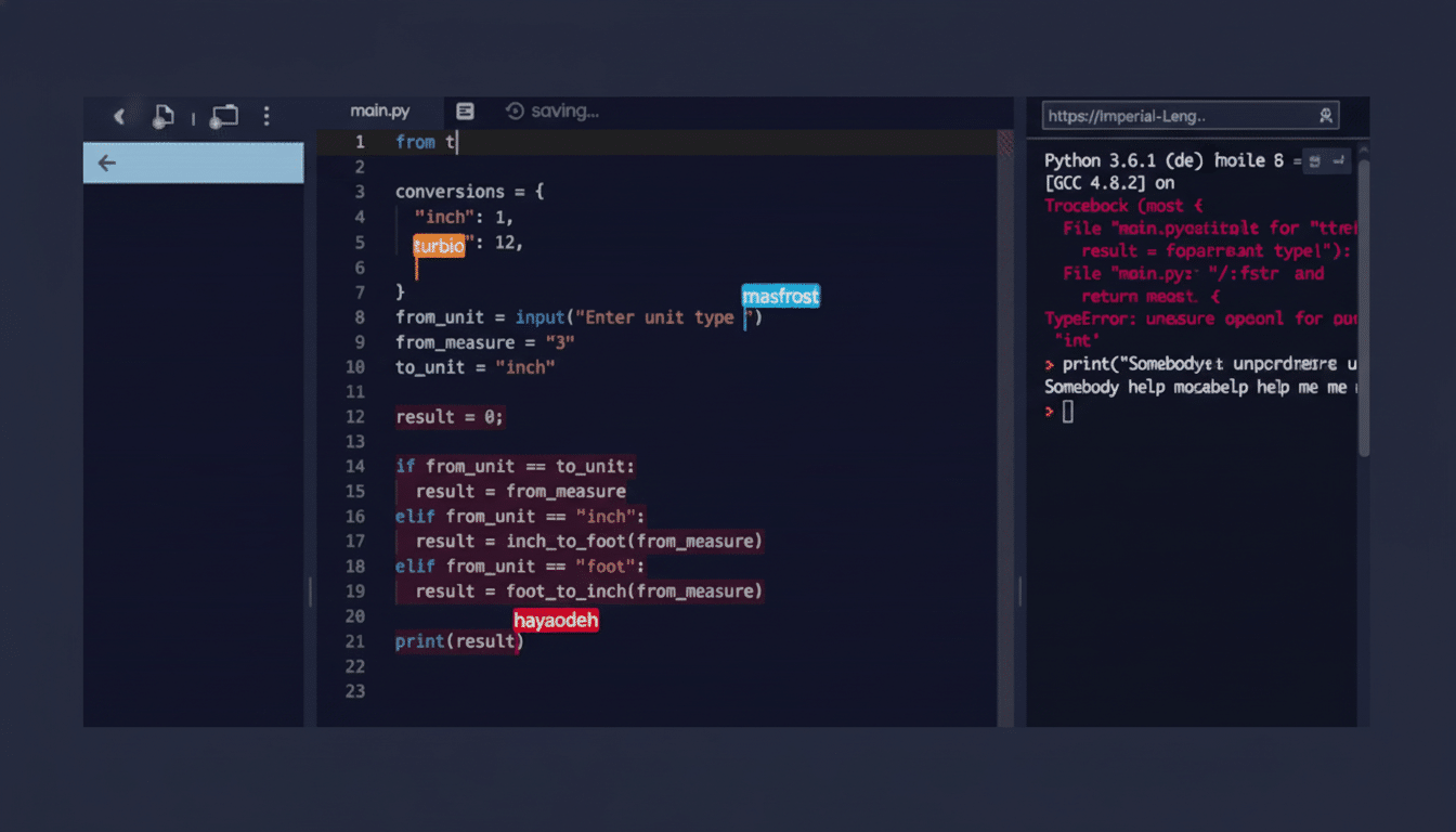 A resized and enhanced image of Python code in a dark theme IDE, showing a dictionary for unit conversions and conditional logic to perform calculatio