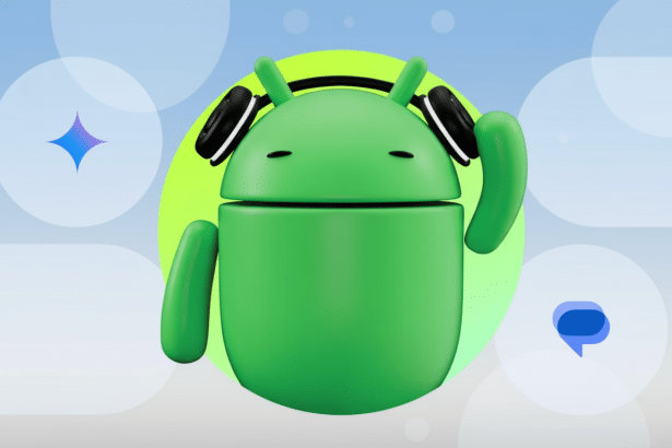 A green Android character wearing black headphones, with a light blue and white abstract background featuring circles and soft patterns .