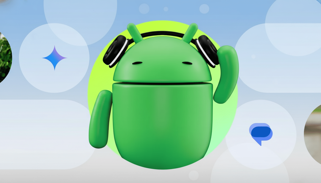 A green Android character wearing black headphones, with a light blue and white abstract background featuring circles and soft patterns .
