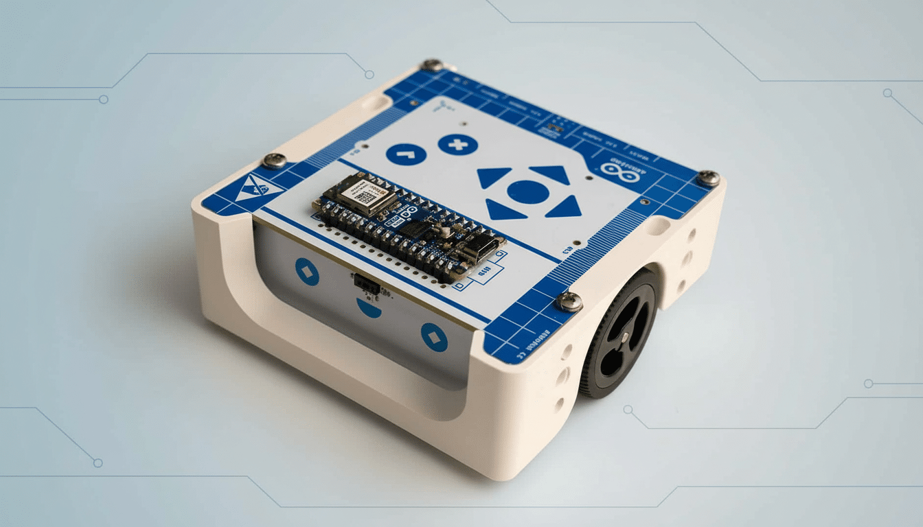 An Arduino robot with a control board on top, set against a light blue background with subtle circuit- like patterns, resized to a 1 6: 9 aspect ratio