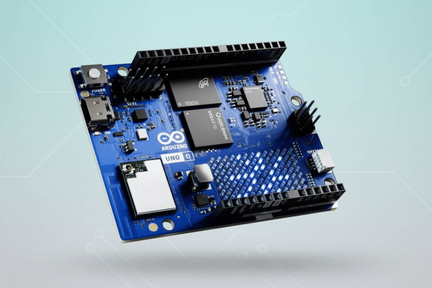 An Arduino UNO Q circuit board in a professional 16:9 aspect ratio, with a soft , gradient background featuring subtle circuit- like patterns.