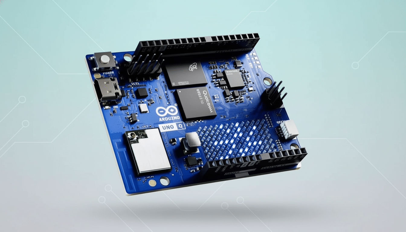 An Arduino UNO Q circuit board in a professional 16:9 aspect ratio, with a soft , gradient background featuring subtle circuit- like patterns.