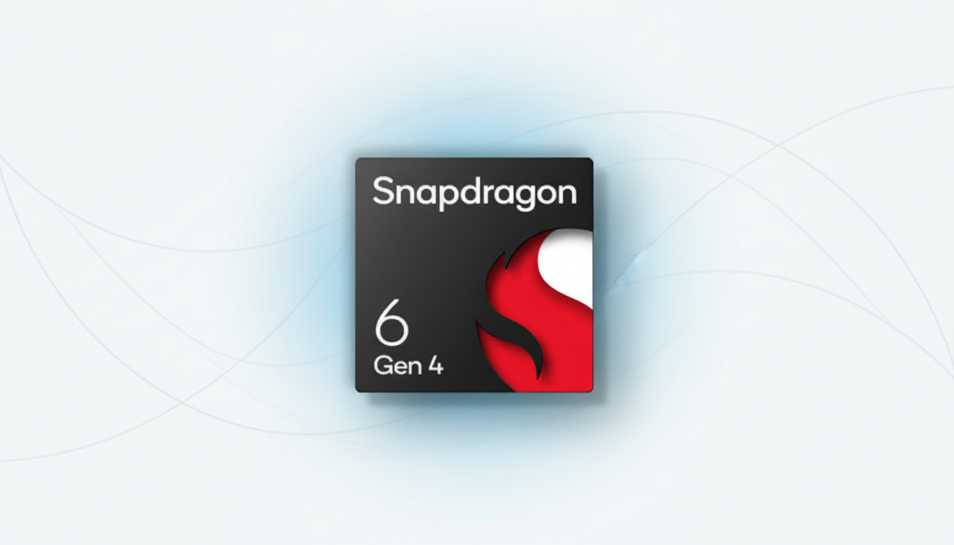 The Snapdragon 6 Gen 4 logo, a black square with Snapdragon at the top and 6 Gen 4 at the bottom, featuring a red and black stylized dragon claw design on the right, set against a professional light gray background with subtle blue accents and wavy lines.