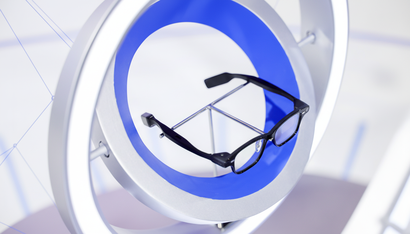 A pair of black smart glasses displayed within a blue and silver circular frame, set against a clean, professional background.