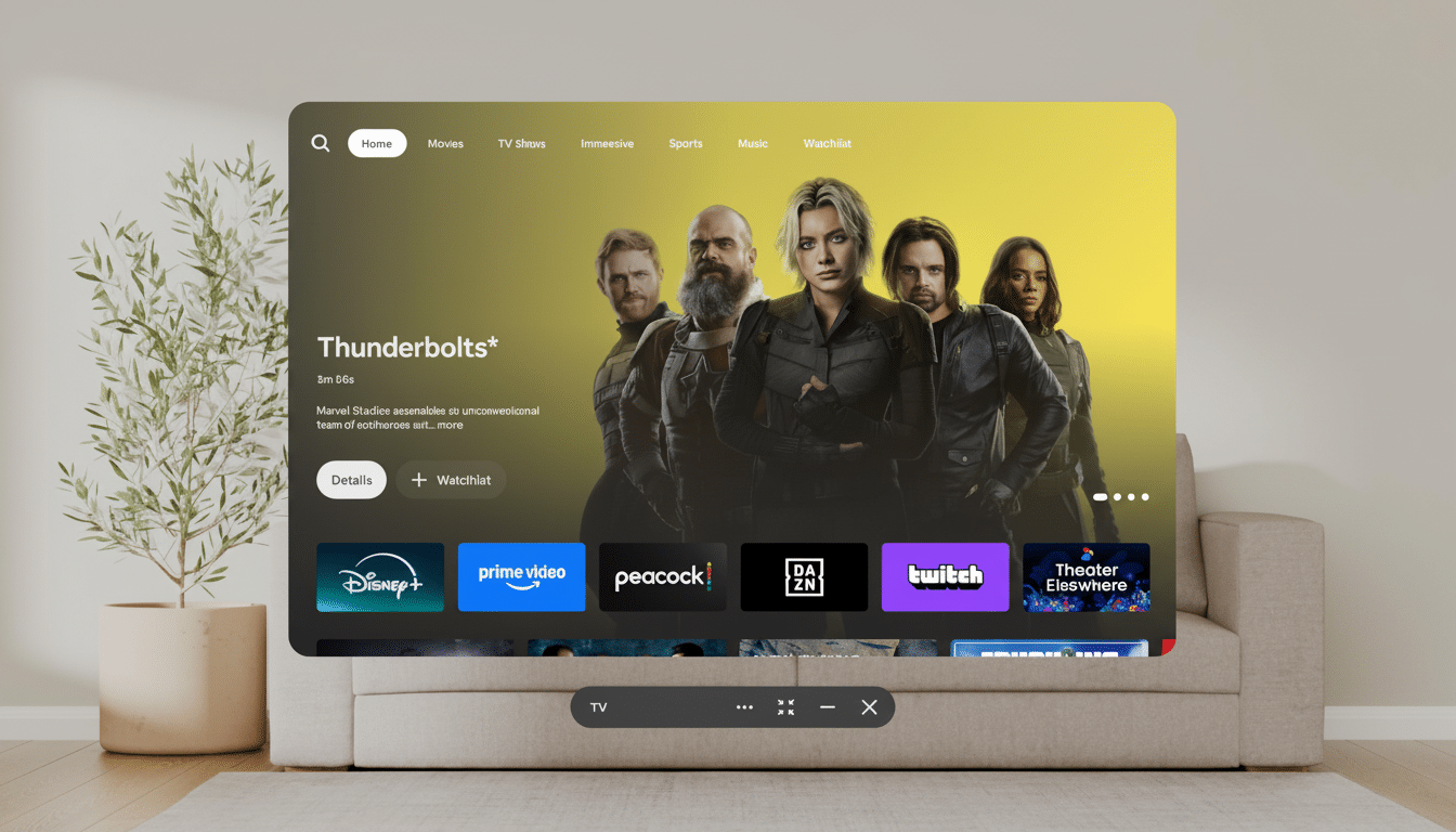 A 16:9 aspect ratio image of a TV screen displaying the Thunderbolts  movie on a streaming service, with various streaming app icons below. The TV is sitting on a sofa in a living room next to a plant.