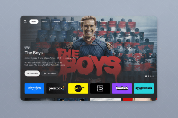 A screenshot of a streaming service interface displaying The Boys series , with the main character Hom el ander smiling in front of a group of riot police. Below the series description are icons for various streaming apps like Prime Video, Peacock , Pluto TV, DAZN, Twitch , and Amazon Music . The image is set against a subtle gray background with a grid pattern. Filename : theboys streaminginterface 16 9. png
