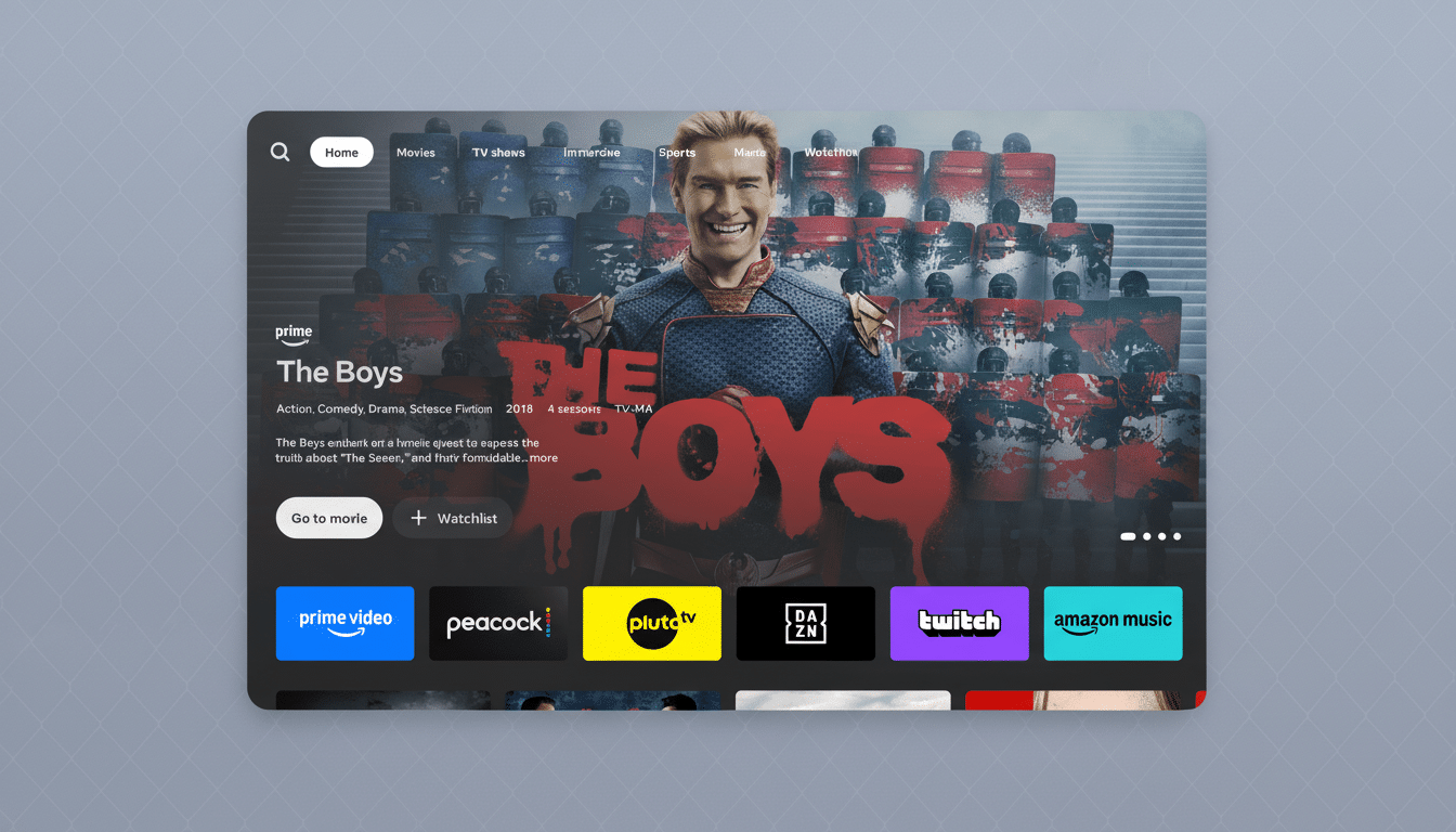 A screenshot of a streaming service interface displaying The Boys series , with the main character Hom el ander smiling in front of a group of riot police. Below the series description are icons for various streaming apps like Prime Video, Peacock , Pluto TV, DAZN, Twitch , and Amazon Music . The image is set against a subtle gray background with a grid pattern. Filename : theboys streaminginterface 16 9. png