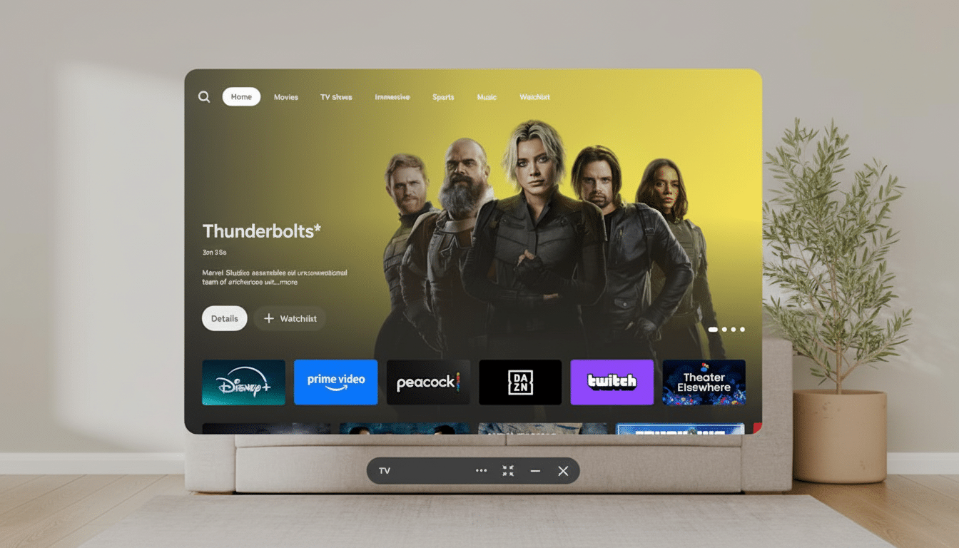 A smart TV screen displaying the Marvel movie Thunderbolts on a streaming service interface , shown in a living room setting with a plant next to it .