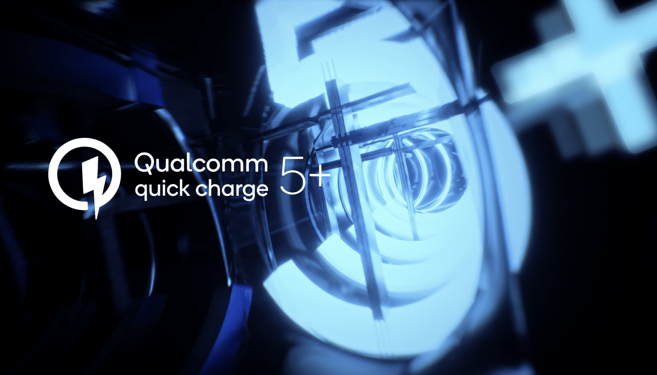 A dark, abstract image featuring the Qualcomm quick charge 5+ logo and text in white, with a glowing blue, intricate 3D structure in the background.