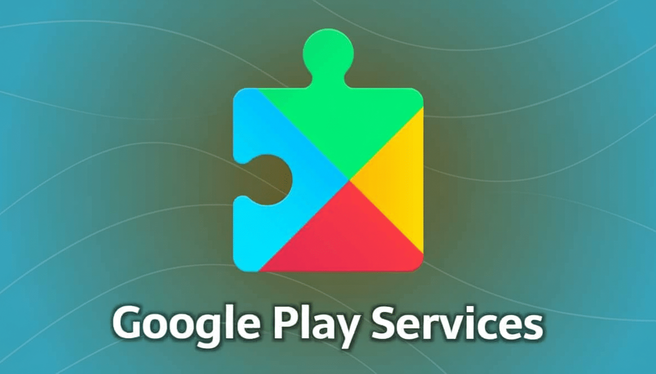 Google Play Services logo, depicted as a colorful puzzle piece, against a subtly textured, teal -to -green gradient background.