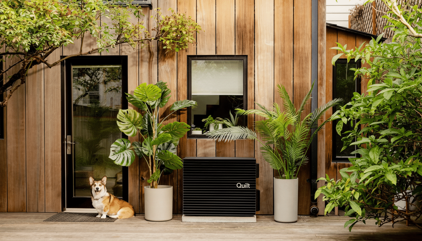 A cor gi sits next to a black Quilt home energy system, flanked by potted plants, against a modern wooden house.